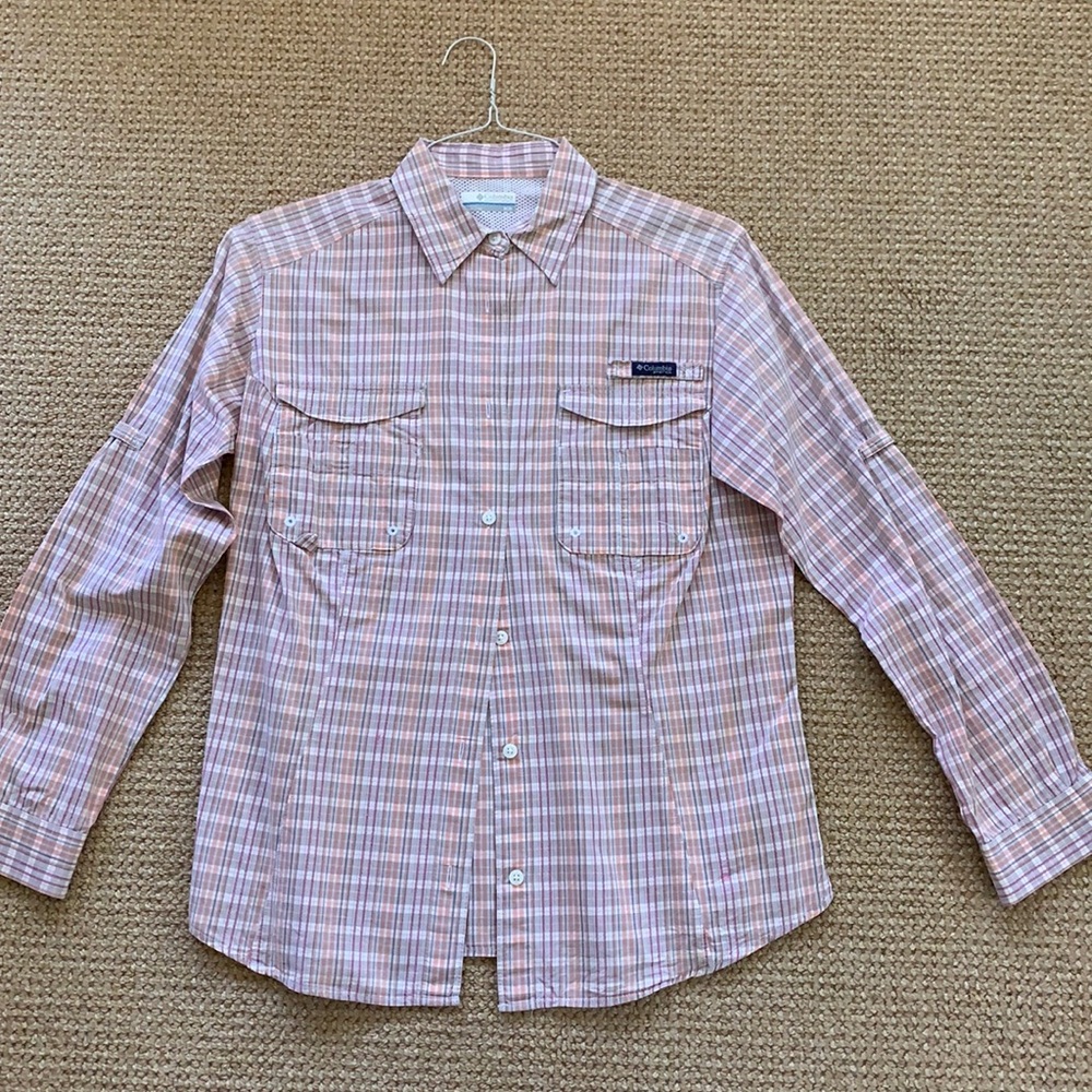 Columbia versatile shirt. Orange, brown with a thin stripe of pink.